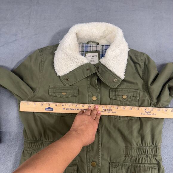 Old Navy‎ Womens Quilted Plaid Lining Sherpa Collar, Military Style Jacket LARGE - Picture 8 of 9